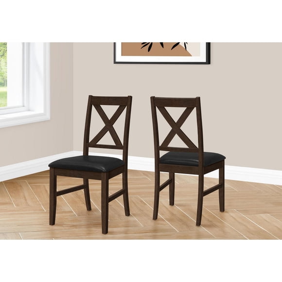 Monarch Specialties Dining Chair, 37" Height, Set Of 2, Dining Room, Kitchen, Side, Upholstered, Brown Solid Wood, Brown Leather Look, Transitional