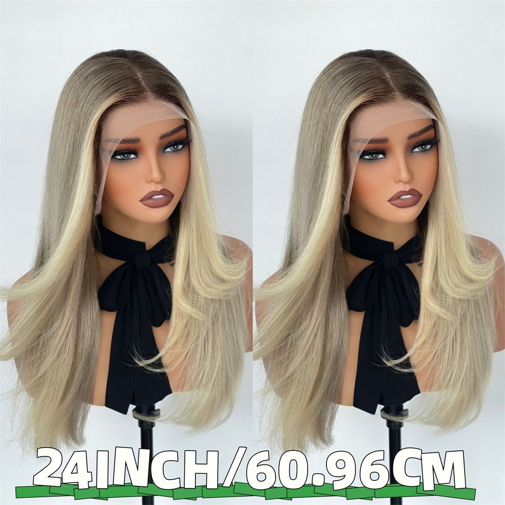 Mint Beige Blonde Ombre Highlight Lace Front Wigs Human Hair Pre Bleached Pre Plucked HD Transparent Lace Frontal Virgin Human Hair Wigs 180% Density Layered Cut Style Wig Human Hair With Baby Hair
