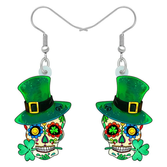 St. Patrick's Day Shamrock Acrylic Floral Sugar Skull Earrings Dangle Jewelry for Women Holiday Gift