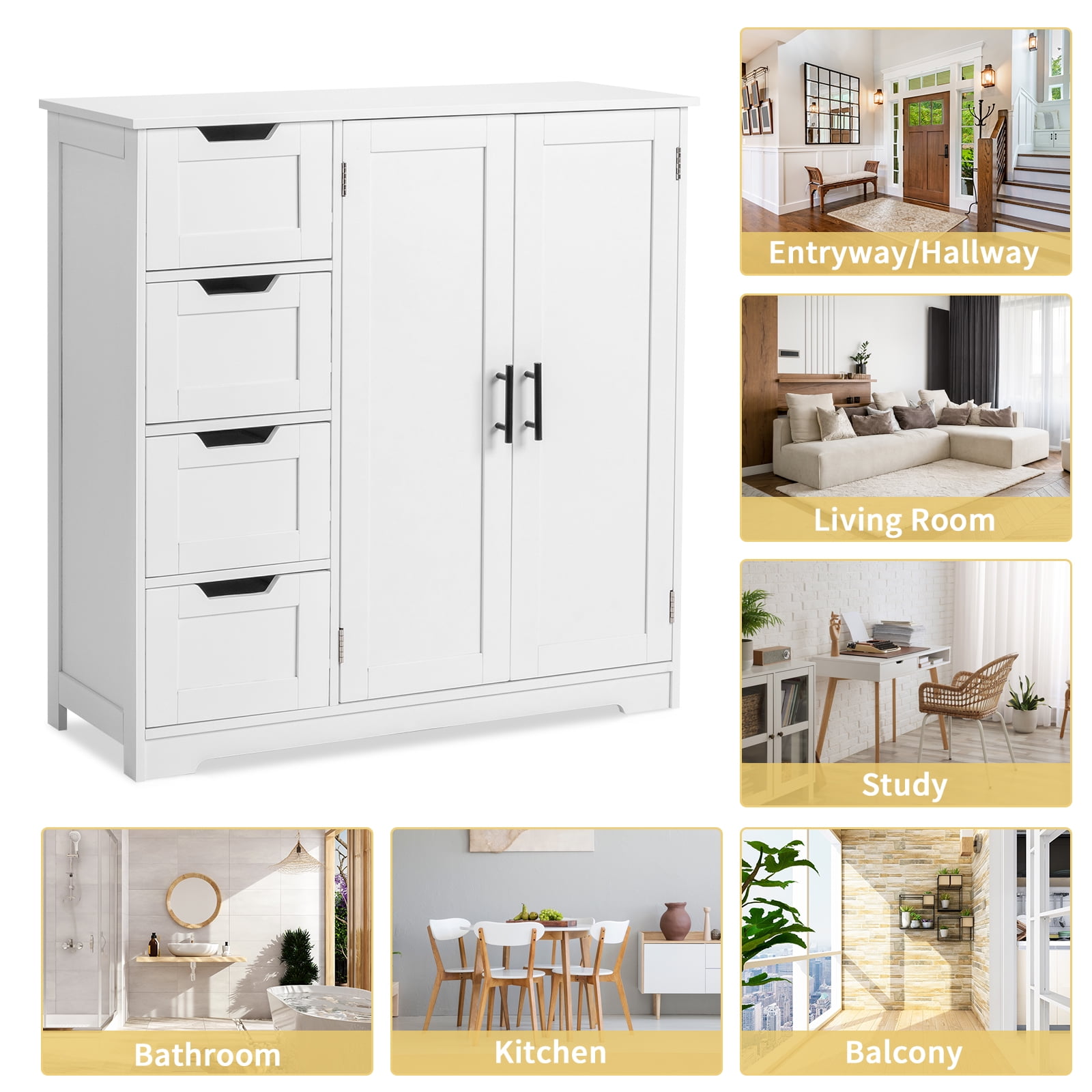 Ktaxon Wooden Bathroom Floor Cabinet with 4 Drawers & 1 Cupboard for Living Room Entryway, White