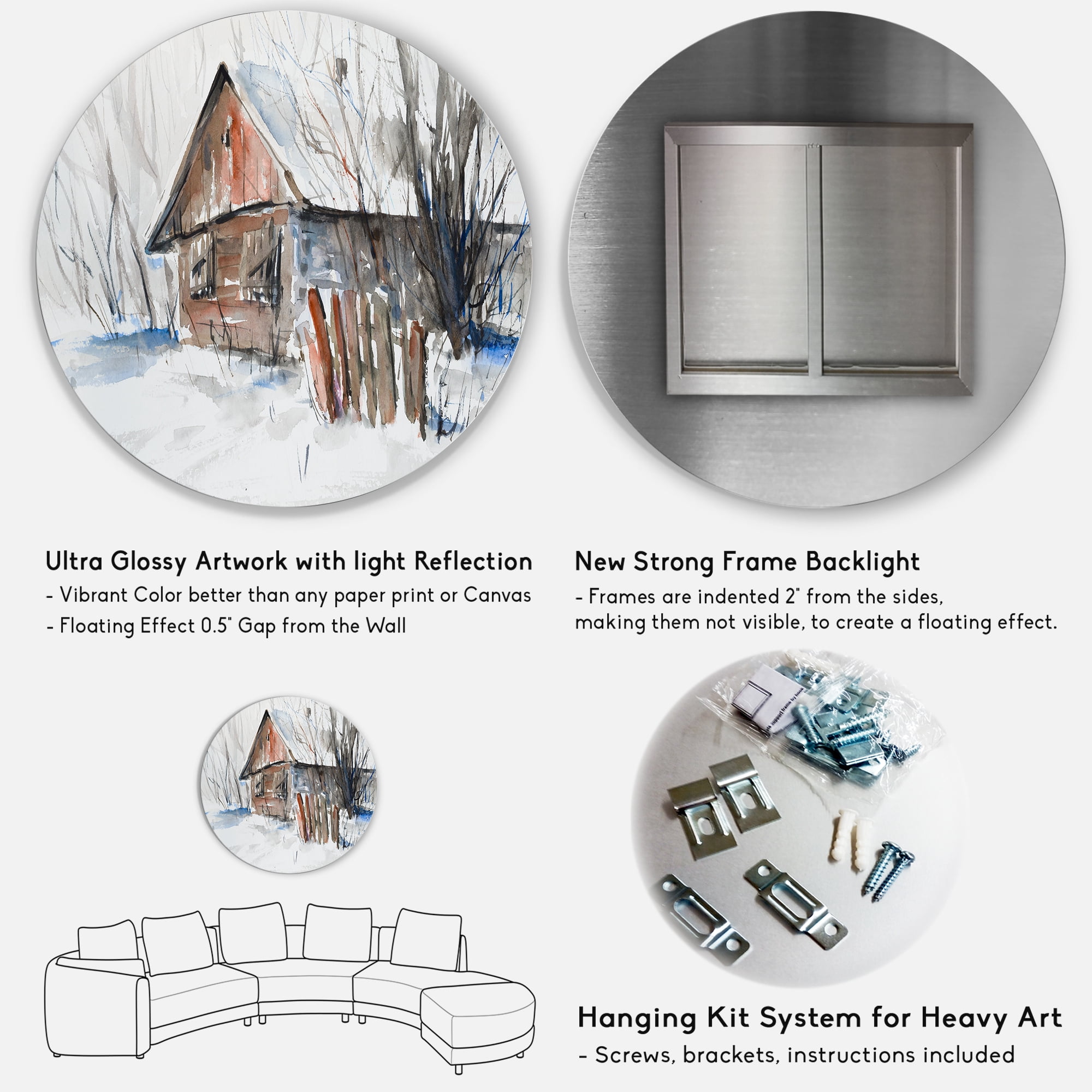 Designart 'Old Abandoned Wooden House In Winter Snow Picture' Traditional Circle Metal Wall Art 29x29 - Disc of 29