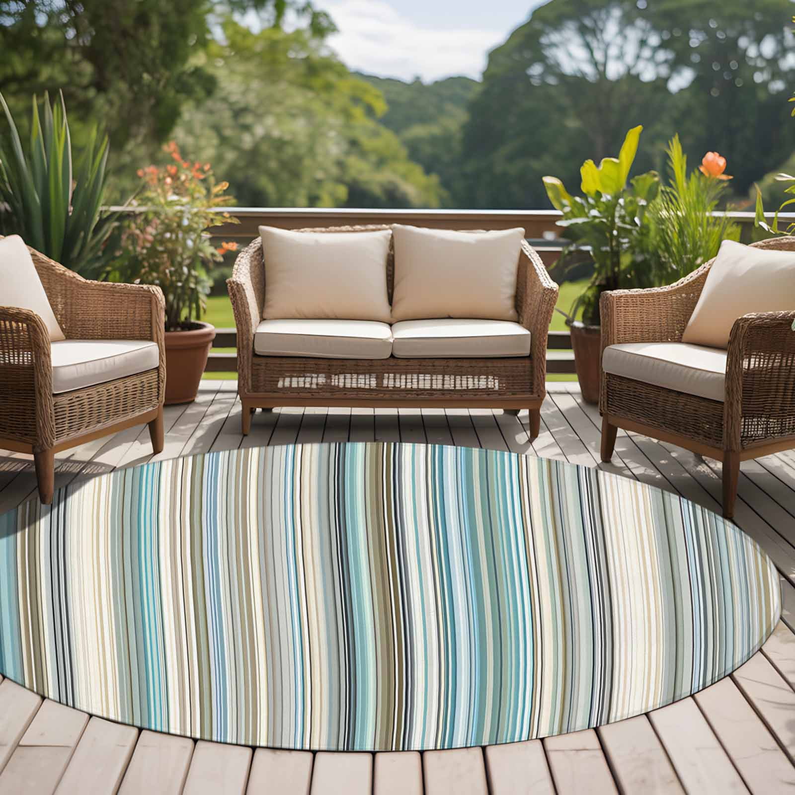 Light Blue Striped Round Area Rug 6Ft Washable Circle Rugs for Bathroom Office, Farmhouse Thin Line Modern Abstract Art Non-Slip Carpet Floor Mats Indoor Outdoor Carpet Runner Aesthetic Home Decor