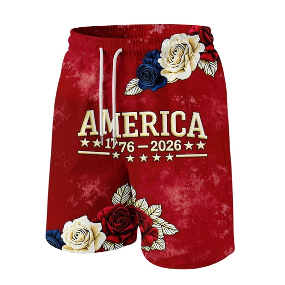 JULMCOMO 4th of July Men's Shorts Drawstring Patriotic Loose Stars Stripes Summer Shorts for 1776 with Pockets Vermilion XL