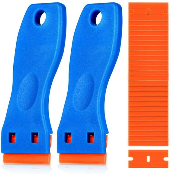 Plastic Razor Blade Scraper Tool, 2 Pcs Razor Scraper with 120 Pcs Plastic Blades, Cleaning Scraper Remover for Removal Floor Stove Scraping Labels and Decals Sticker on Car Window Glass