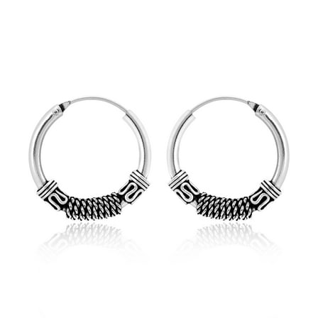 Bali-Inspired Tribal Motif Sterling Silver Hoop Earring