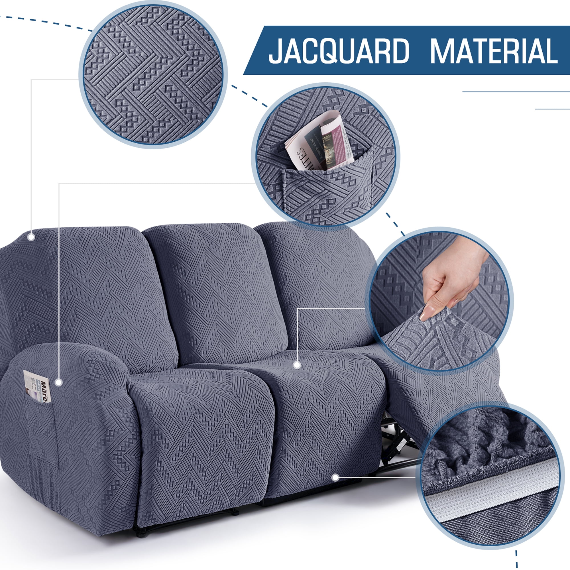 TAOCOCO Recliner Sofa Covers 3 Pieces Reclining Couch Covers for 3 Seater Sofa Furniture Protector w Pockets Dark Gray