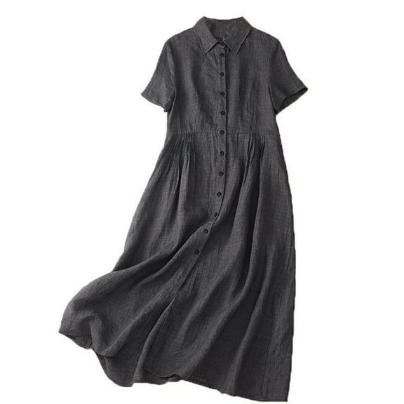 Tumotour Linen Dress For Women Summer Solid Color Elastic Waist Loose Casual Short Sleeve Button Down Flowy Dress