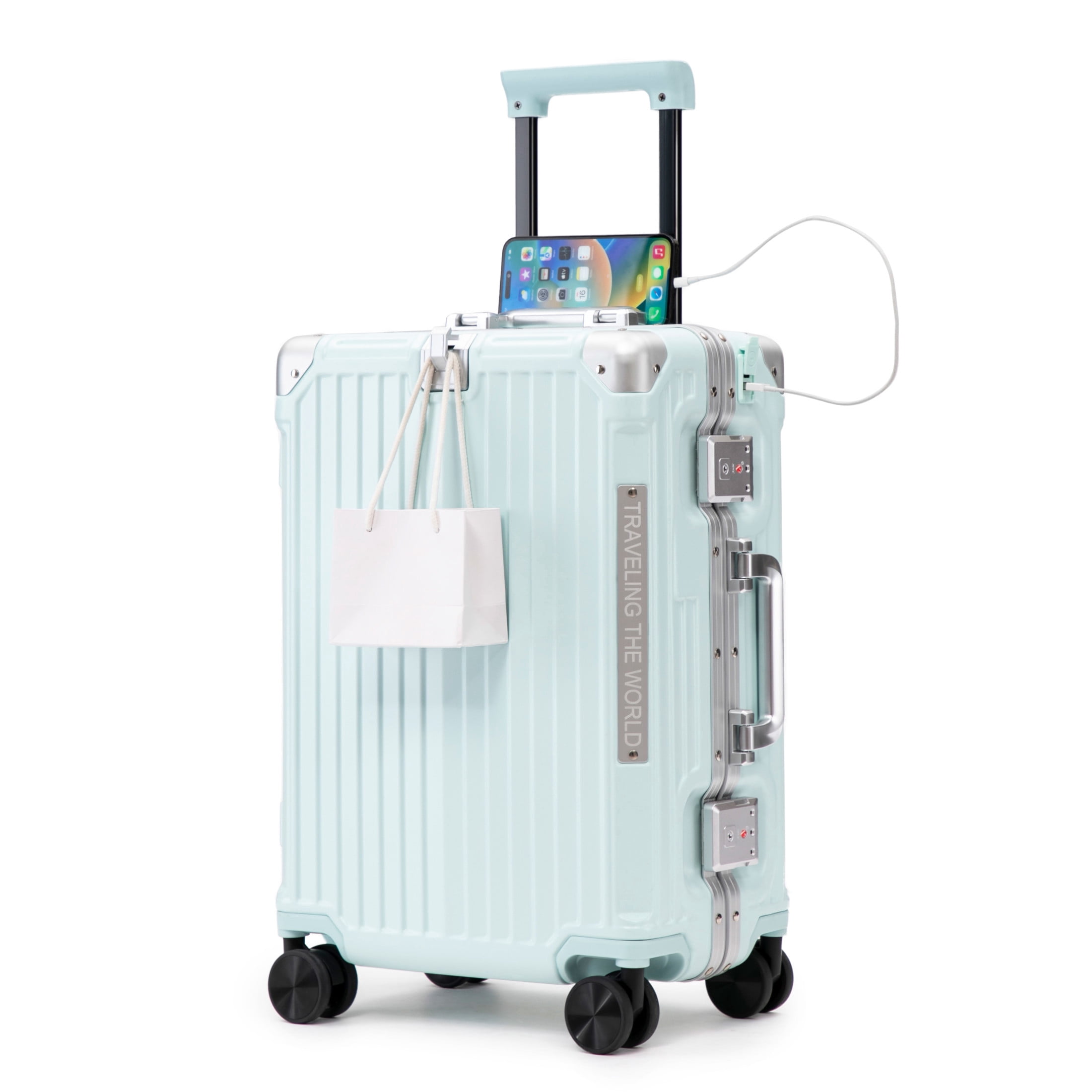 GDF Studio 20" Aluminum Frame ABS Carry-On Luggage with Charging Port & Cup Holder, Spinner Wheels Travel Trolley, Blue