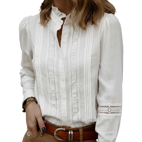 Women Dressy Casual Long Sleeve Button Down Ruffle Neck Blouse Work Shirt Summer Fall Business Outfit White M