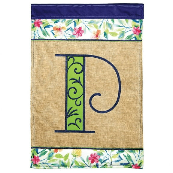 Magnolia Gardens M030086 13 x 18 in. Double Applique Monogram P Spring Burlap & Print Garden Flag