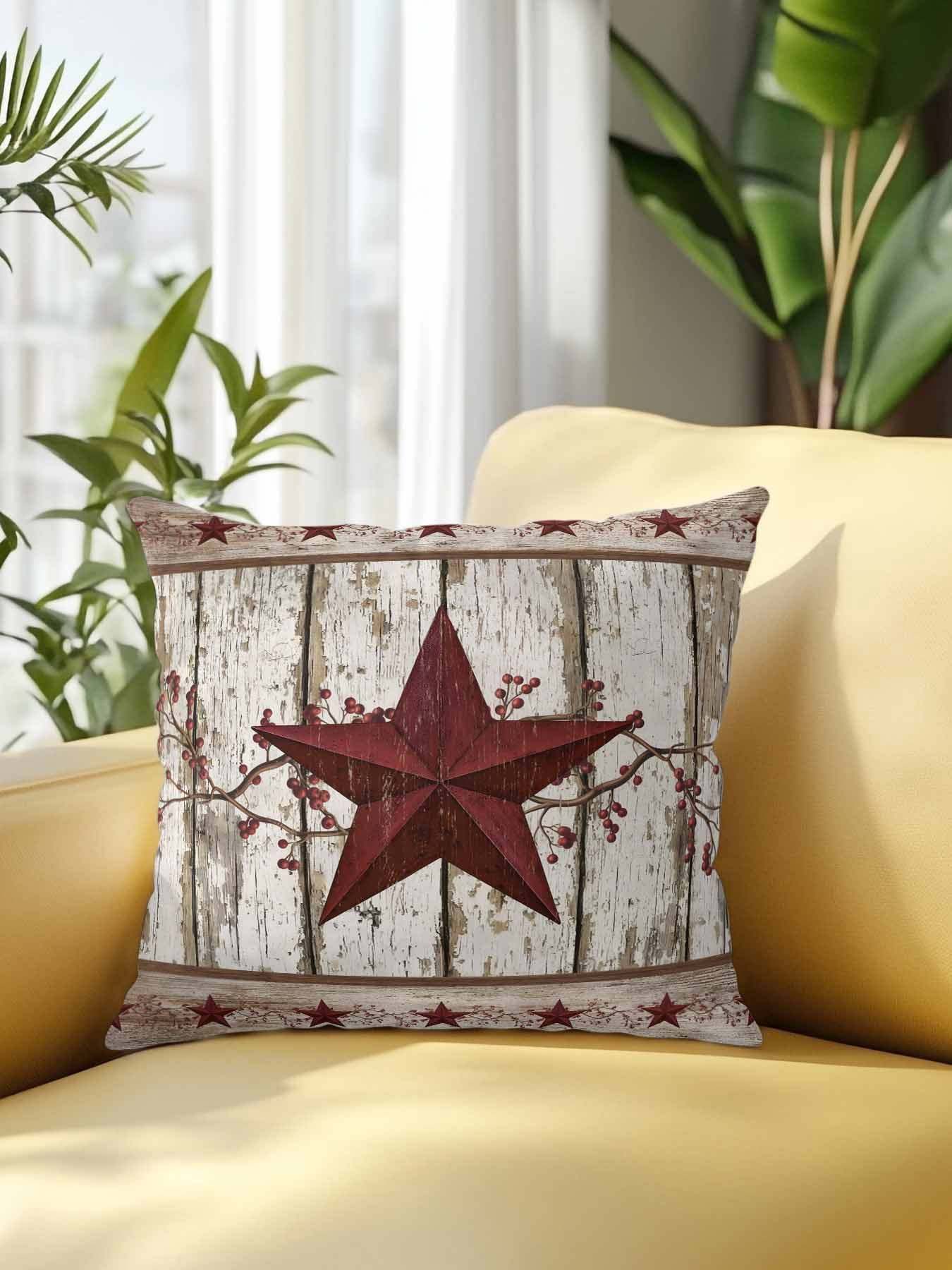 Outdoor Pillows Waterproof, Red Texas Star Vintage Bedding Throw Pillows with Insert for Couch Sofa Bed, Farmhouse Berry Grey Wooden 16x16 Inch Pillowcases Decorative Camping Patio Pillow Set of 1