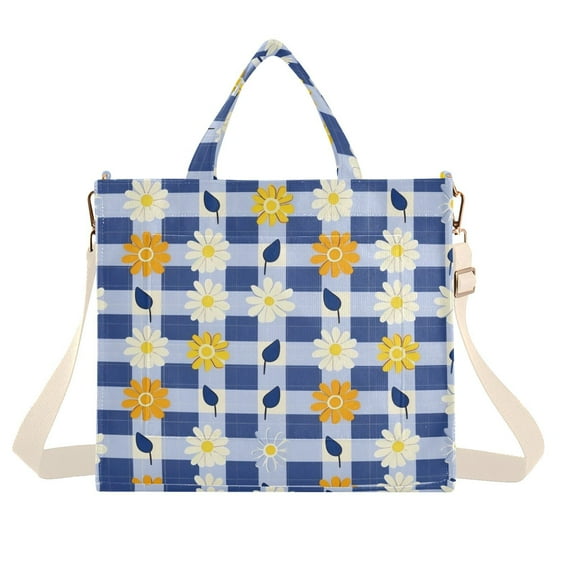 Flowers in Grids Corduroy Tote Bag Handbag Large Messenger Bag Shoulder Crossbody Zipper Bag Purse