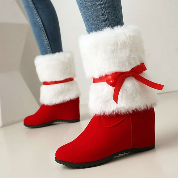 Roncen Women's Fashion Casual Ankle Boots - Round Toe Platform Heel with Festive Red Christmas Bow Design, Warm Faux Fur Lined Slip-Resistant Winter Boots for Trendy Outfits