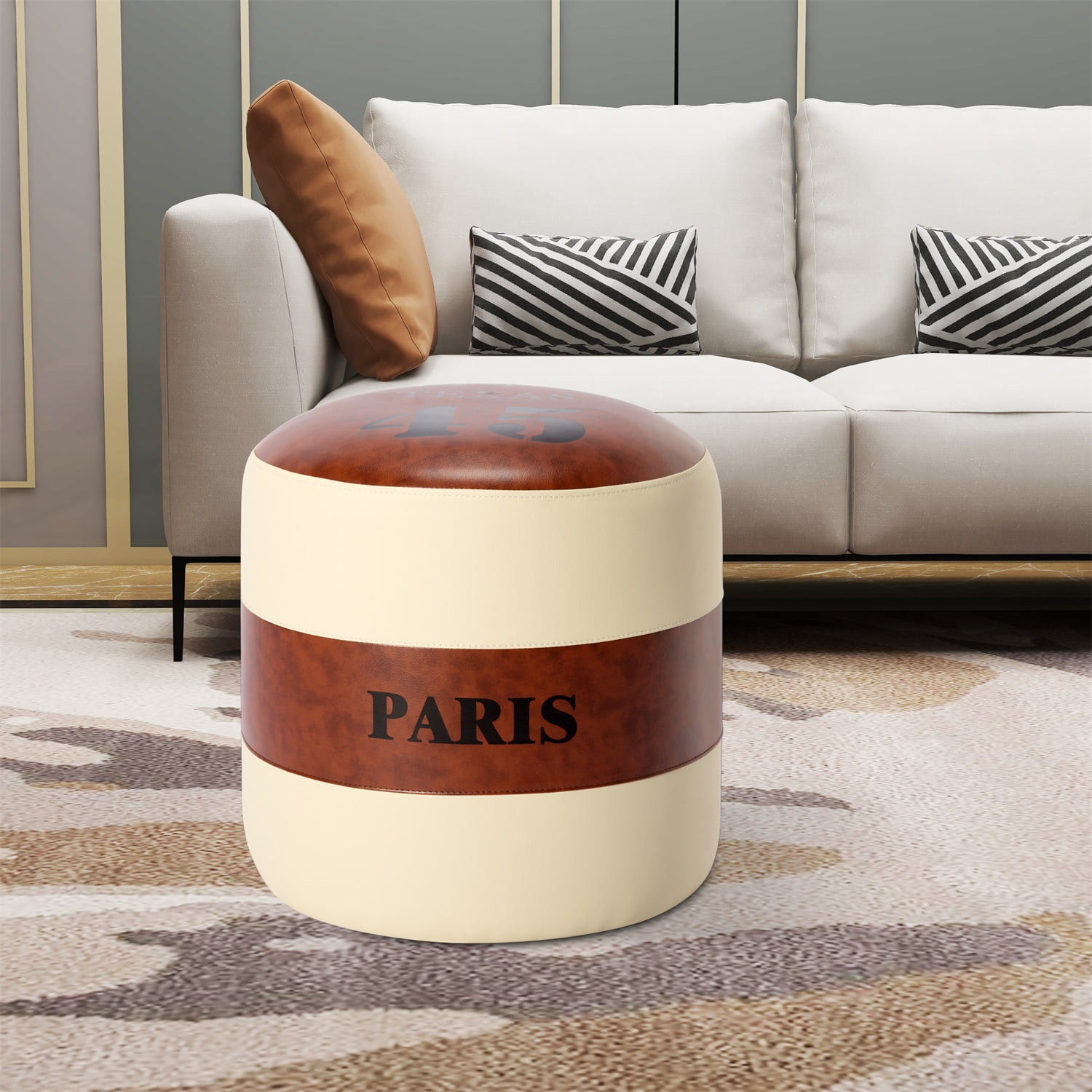 Kadyn 16.5" Round Ottoman, PU Upholstered Footstool for Living Room, Modern PU Ottoman for home and office, Brown Kadyn 16.5" Round Ottoman, PU Upholstered Footstool for Living Room, Modern PU Ottoman for home and office, Brown