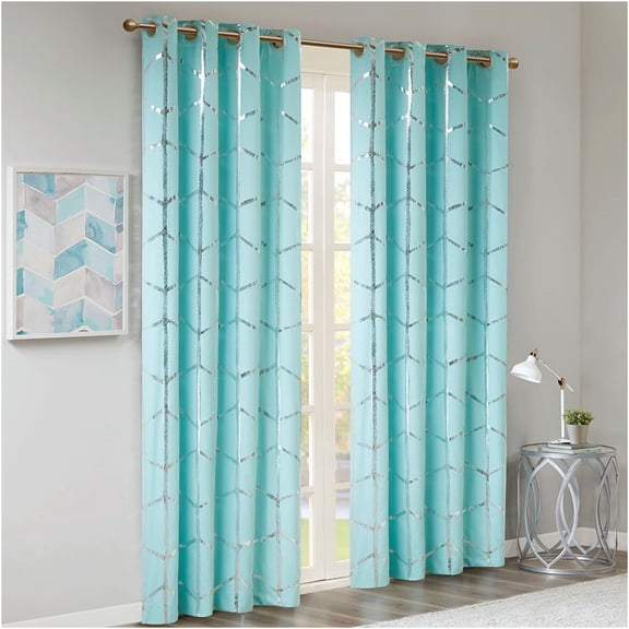 JERFIT Total Blackout Curtains 50x63 Inch Single Panel, Metallic Geometric Print Grommet Top Window Curtains for Bedroom, Aqua Silver Blackout Drapery with Foam Backing, Energy Efficient