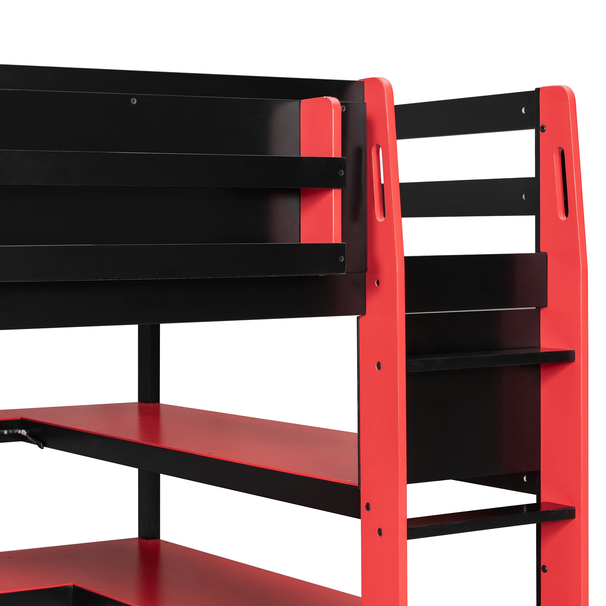 Mintazer Full Size Gaming Loft Bed with U-Shaped Desk & LED Lights, Modern Bed Frame with Shelves & Charging Station for Dorm Bedroom Apartment, Black & Red