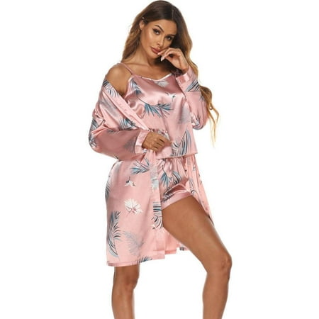 

Monfince 3pcs/set Womens Pajamas Sets Floral Print Lingerie Satin Sleepwear Camisole Shorts Rope Set Homewear Nightgown Set