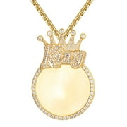 Mens King Crown Circle Memory Picture Photo Frame Icy Custom Pendant 14K Yellow Gold Tone Free Box Chain