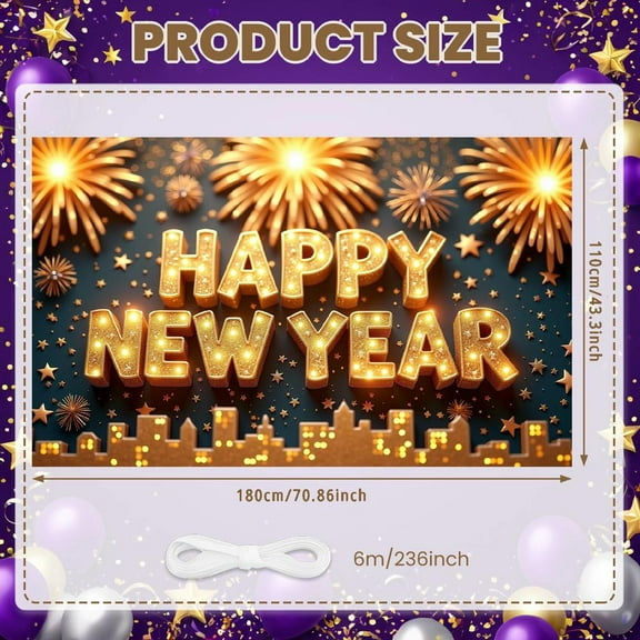 Golden Happy New Year Banner Lighted New Year Banner Fireworks Decor Star Pattern Celebration Banner for New Year Party Holiday Celebration Indoor Decoration