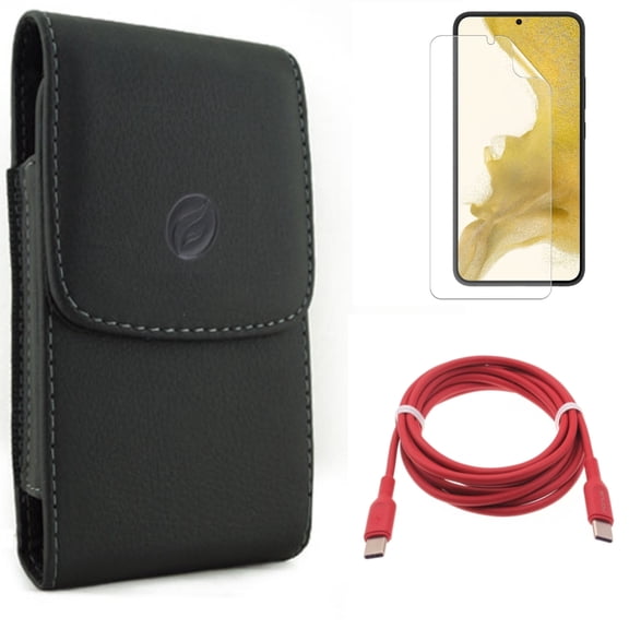 Red 6ft Long Cable & Matte Screen Protector & Case Belt Clip for Samsung Galaxy S22 (6.1") - USB-C to Type-C PD Fast Charger & TPU Film Anti-Glare & Leather Holster Accessory Bundle