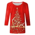 thumbnail image 4 of Tiqkatyck Women Summer Tops, Christma Shirts for Women, Womens Daily Christmas Tree Print T Shirt O Neck Tops, 3/4 Sleeve Shirt Printed Flower Loose Side Split Shirts Red M, 4 of 5