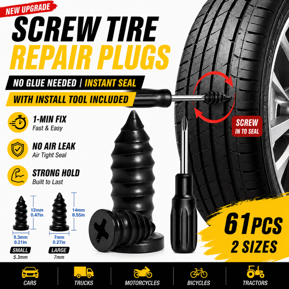 61PCS Screw Tire Repair Plugs Kit with Tool, 5.3mm & 7mm Rubber Tire Repair Nails for Tubeless Car Truck Motorcycle Bicycle Tractor Tires