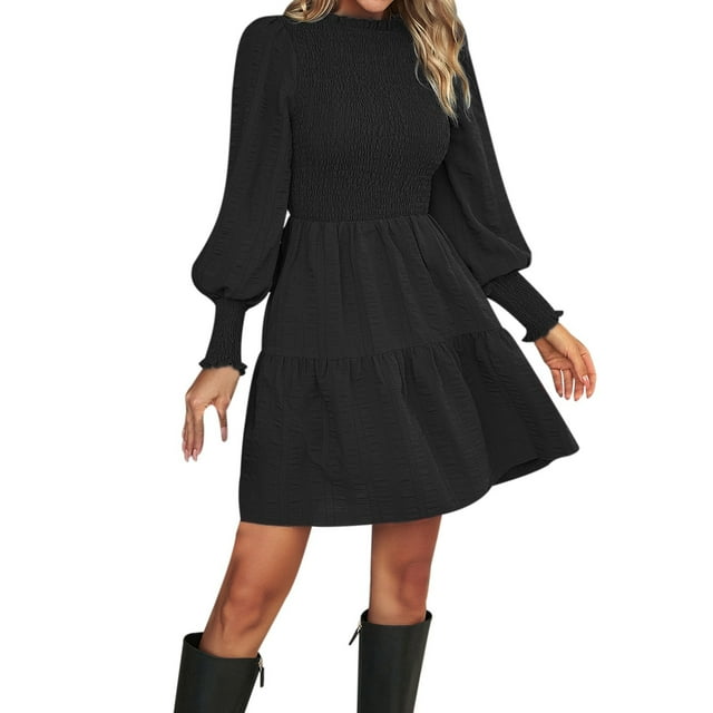 Gibobby Vestidos de sueter Vestido corto de manga larga con cuello de informal para mujer para otoño invierno color sólido(Negro,XL)