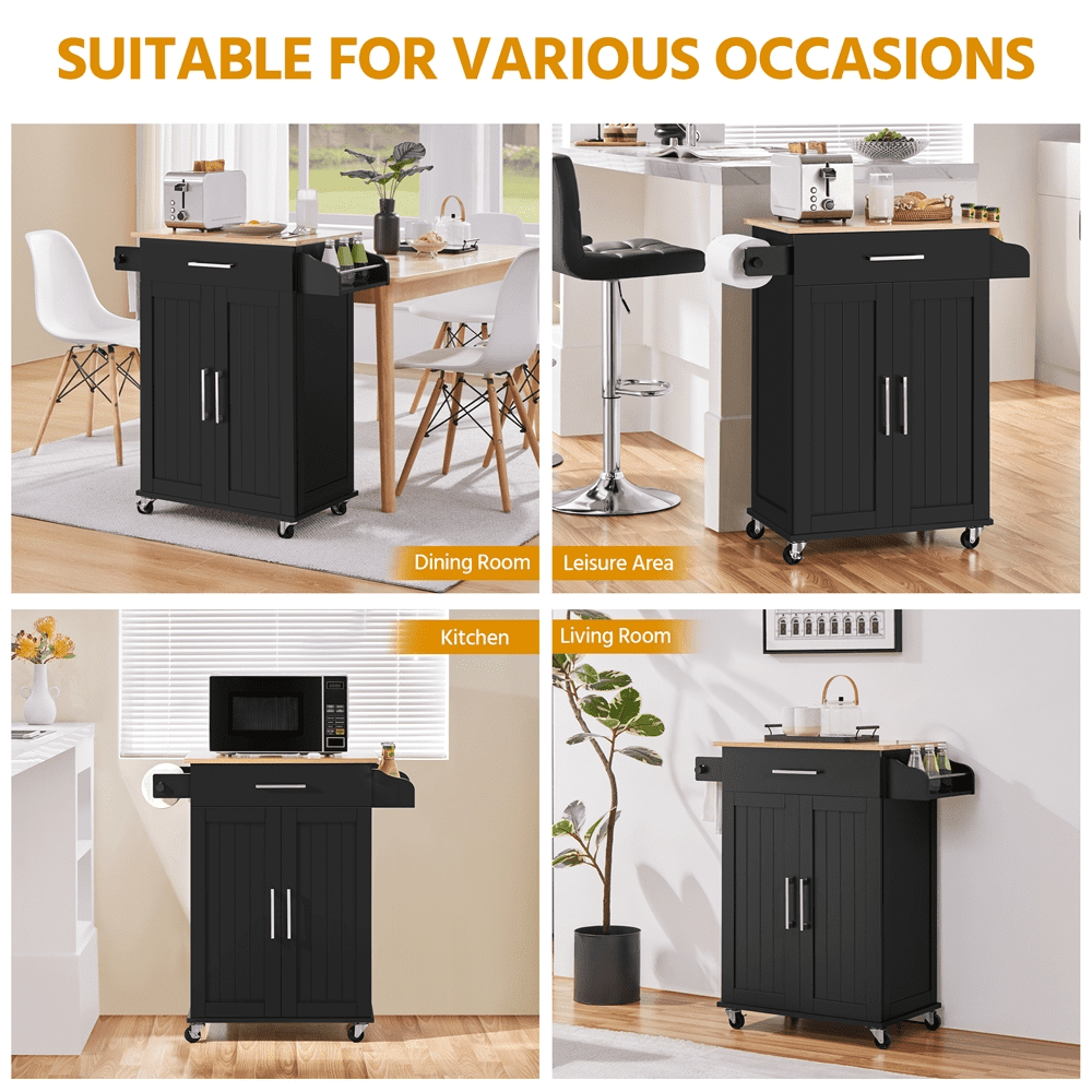 Alden Design Rolling Storage Kitchen Cart with Pull Out Drawer, Black
