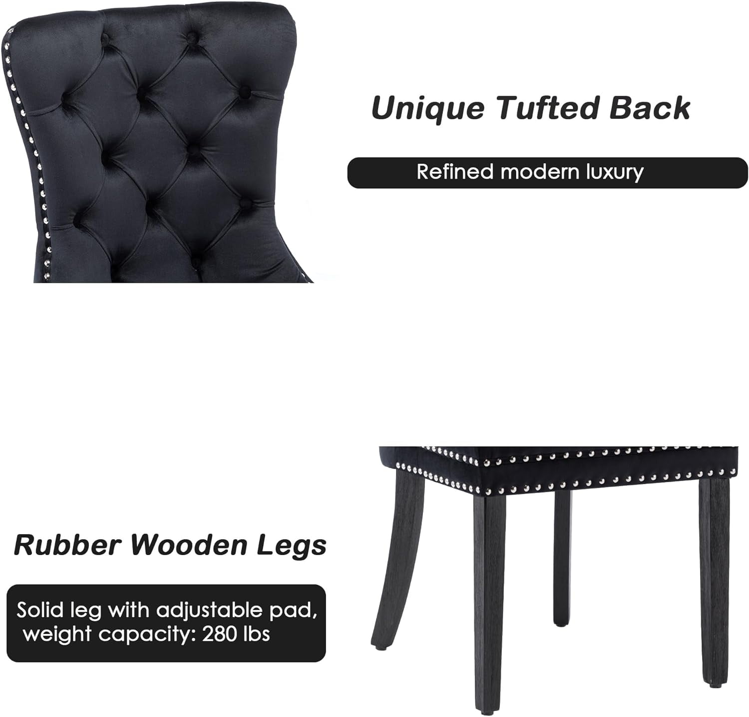 Velvet Dining Chairs Set of 4, Upholstered High-end Tufted Dining Room Chair with Nailhead Back Ring Pull Trim Solid Wood Legs, Nikki Collection Modern Style for Kitchen, Black