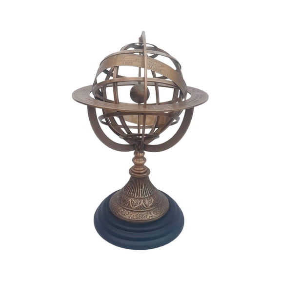 Brass Armillary Globe Astrolabe Globe Zodiac Engraved Wooden Base Nautical Brass Sphere Globe Engraved Armillary 11.25" Height, 5" Globe