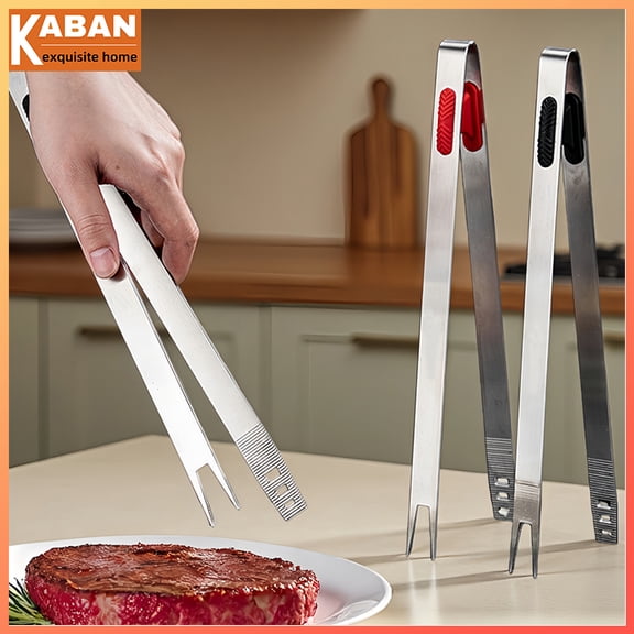 KABAN Steak Tongs Dual-Use for Pan-Frying and Grilling 304 Stainless Steel Barbecue Tongs Heat-Resistant Kitchen Accessories