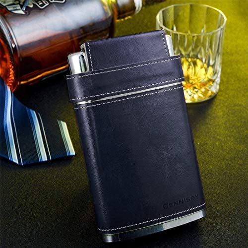 Americal Flag Black Leather with 3 Cups and Funnel 100% Leak Proof GENNISSY 18/8 Stainless Steel 8oz Flask 