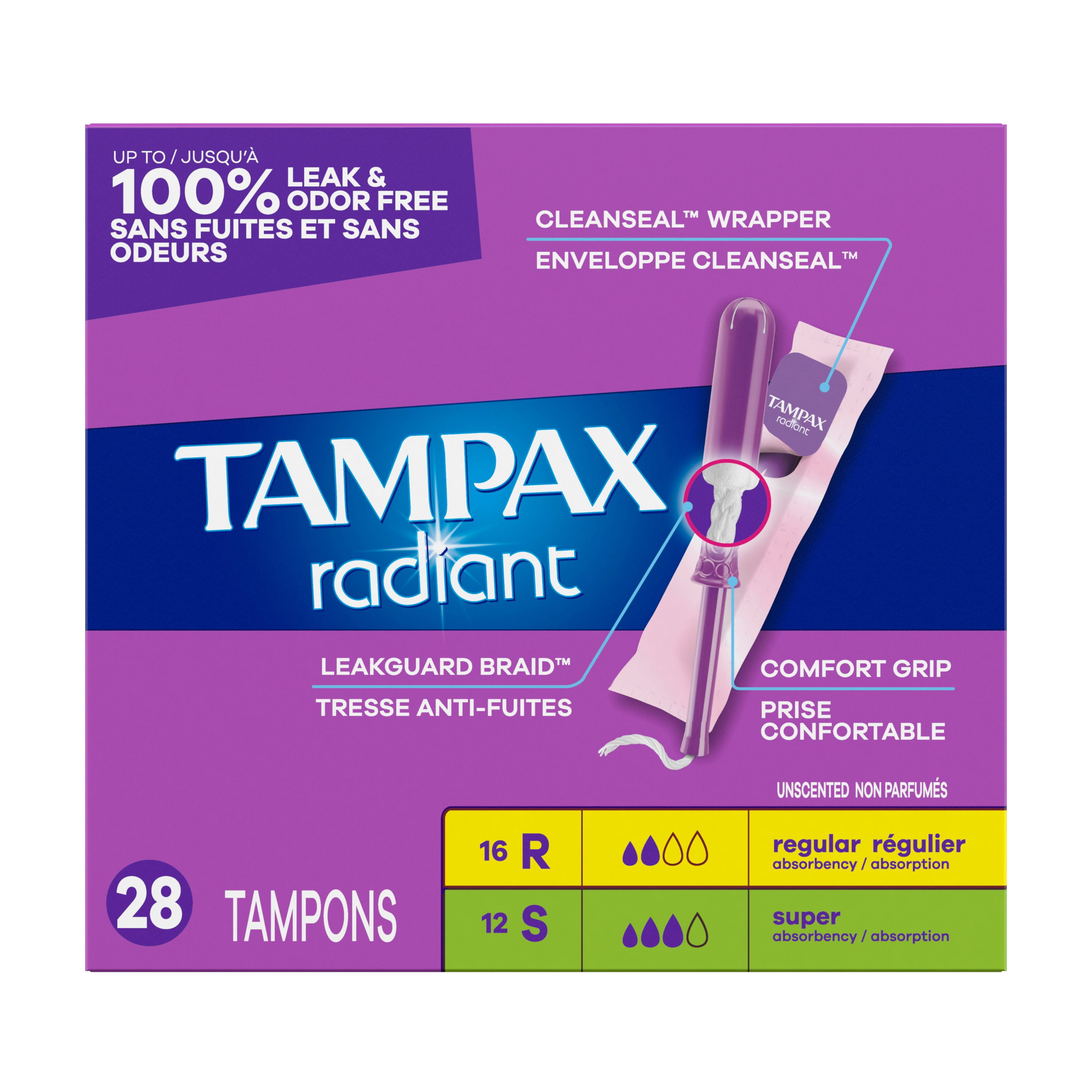 Tampons Tampax Radiant, avec tresse anti-fuites LeakGuard, degrés d’absorption régulier/super, emballage multiple, non parfumés, 28tampons 28 tampons