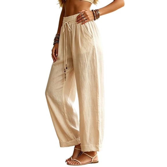 Byworldtasic Baggy Harem Cotton Linen Pants for Women Elastic Waist Drawstring Wide Leg Casual Trousers with Pockets