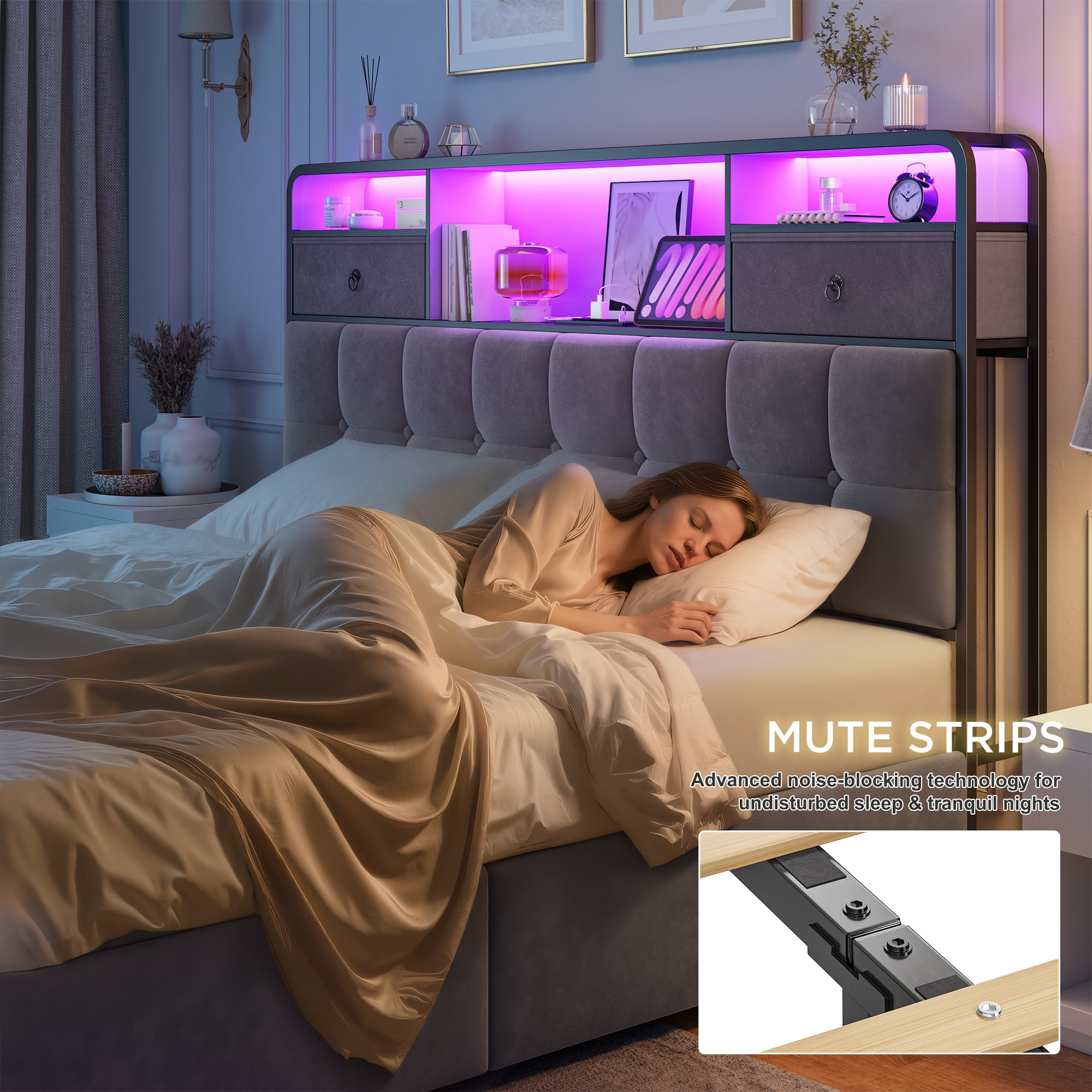 EnHomee Queen Upholstered Bed Frame with Headboard Storage Bed Frame with 4 Storage Drawers & LED Lights Platform Bed frame with Charging Station,Gray