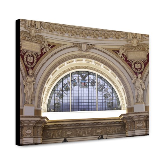 Canvas Print: Main Reading Room. Semi-Circular Stained Glass Window In Alcove By