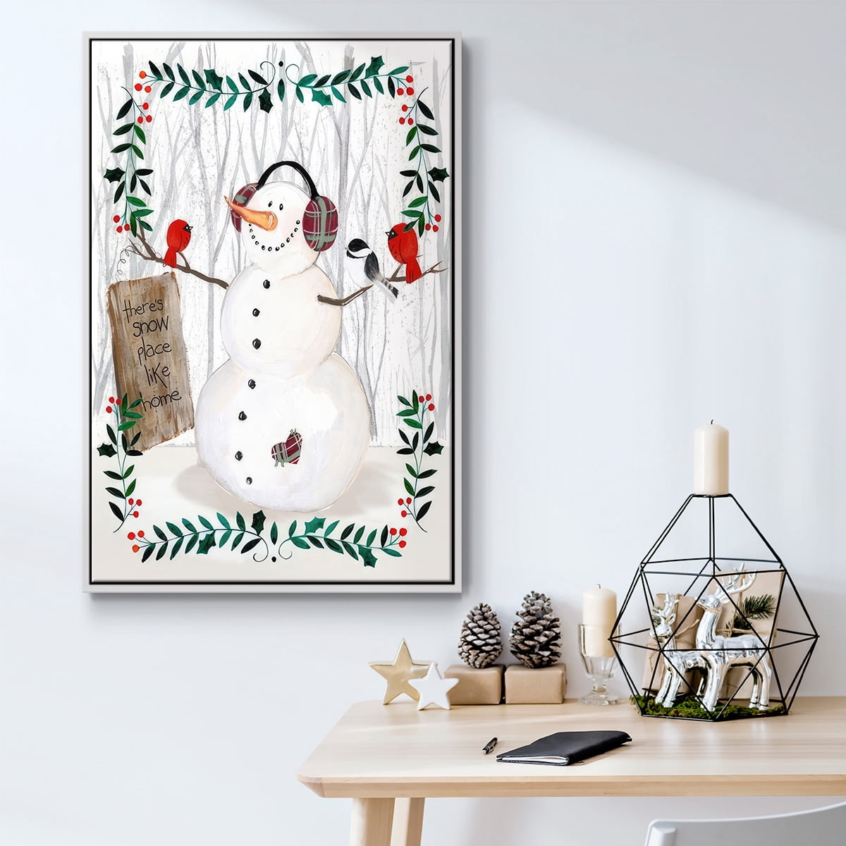 Folk Snowman Forest II - Framed Gallery Wrapped Holiday Canvas - 25 x 37 - White Frame