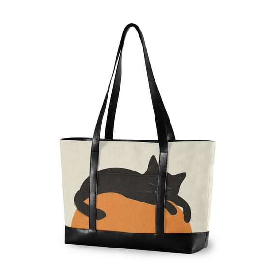 FORMRS Canvas Laptop Tote Bag for Women with 15.6" Computer Compartments Shoulder Handbag, Sleeping Black Cat