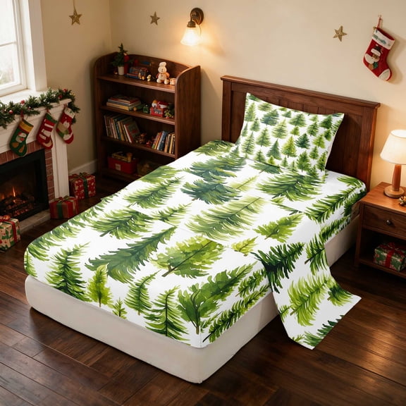 Manfei Christmas Tree Twin Sheets Pine Bedding, Navy Silver 3pcs (1 Flat Sheet, 1 Fitted Sheet and 1 Pillowcase)