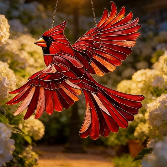 YOHAVEN Red Cardinal Stained Glass Style Window Hanging Acrylic Suncatcher With Chain, Farmhouse Bird Window Decor For Home Garden Patio, Cardinal Lover Gift Ornament