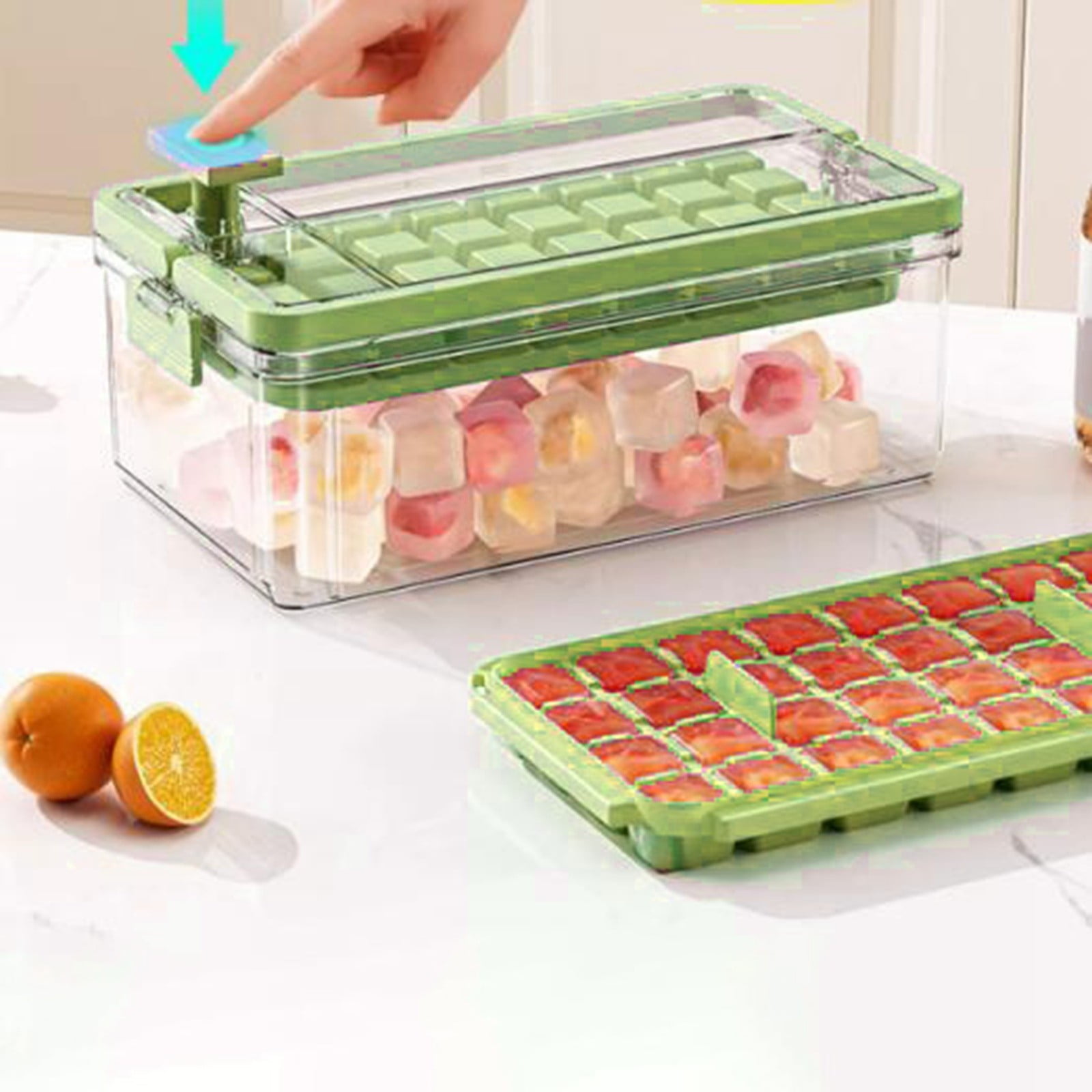 Eqslft Press-Type Ice Cube Tray with Storage Bin & Lid, One-Button Release Silicone Ice Mold, Leak-Proof Ice Cube Maker Container, for Freezer, Cocktails, , Drinks
