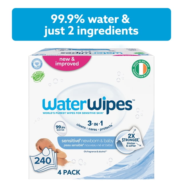 WaterWipes Sensitive+ Newborn & Baby Wipes, 3-In-1 Cleans, Cares, Protects, 99.9% Water, Unscented & Hypoallergenic