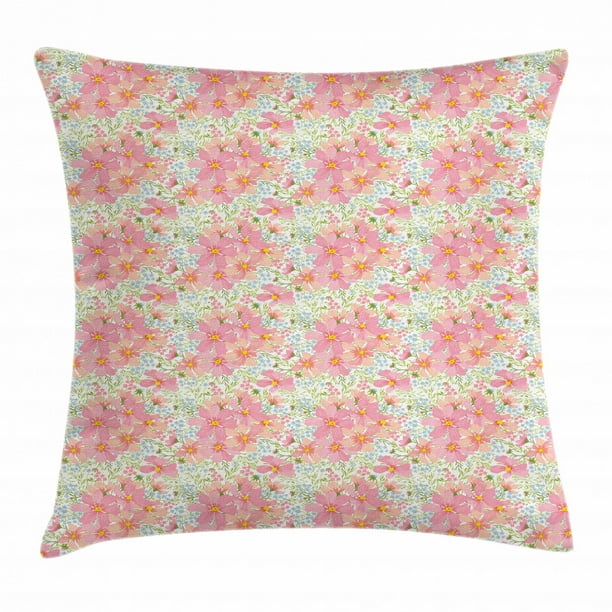 Spring Throw Pillow Cushion Cover, Flowers and Herbs Illustration in