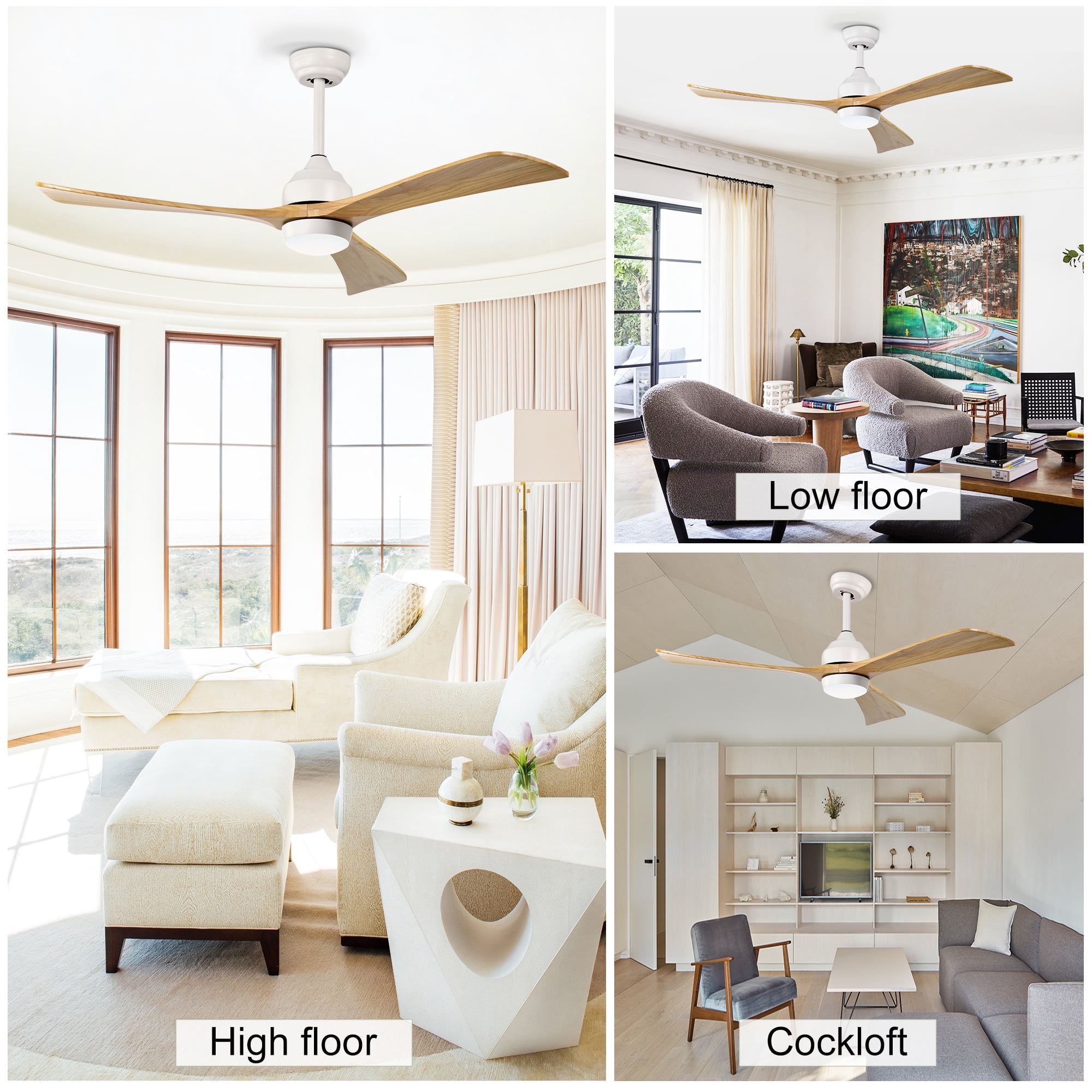 Ceiling Fan with Light, 52 Inch Solid Wood Blade Quiet Fan for Home Office Living Room, White Natural Wood