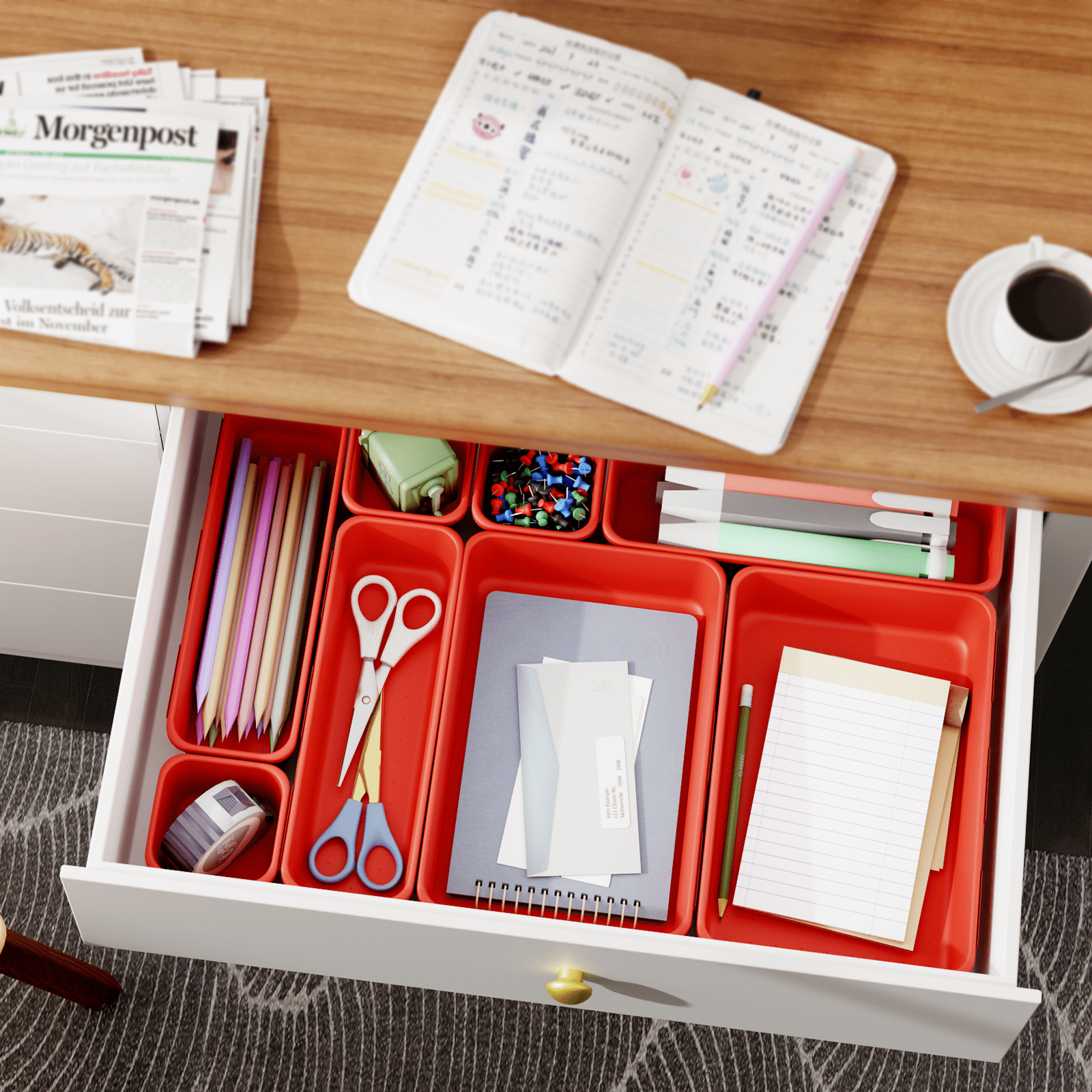 HAIDAIYA 45 Pack Plastic Drawer Organizer Trays, 3-Sizes Vanity and Desk Storage Bins, tool box Organizers for Makeup, Jewelry, Gadgets, Utensils, Red