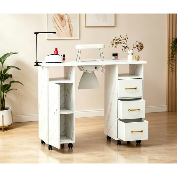 Manicure Table with Power Outlets, Marble Grained Nail Station  with Dust Collector, Non-Woven Drawers, Desk Lamp & Wrist Cushion(White)