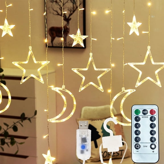 138 LED Star and Moon Curtain Lights, 7.4ft Window String Lights with Remote & Hooks, USB Powered Fairy Lights for Bedroom, Ramadan, Christmas, and Party Decor (Warm White)