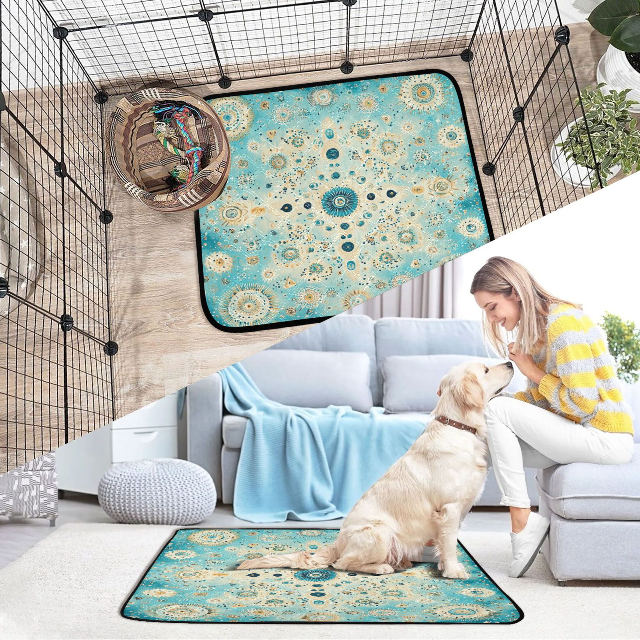 Qxltty Moroccan Style Pattern Cat litter Pads Pet Set of 3 Diaper Mats Center Anti-leakage Layer Absorbent Soft and Comfortable