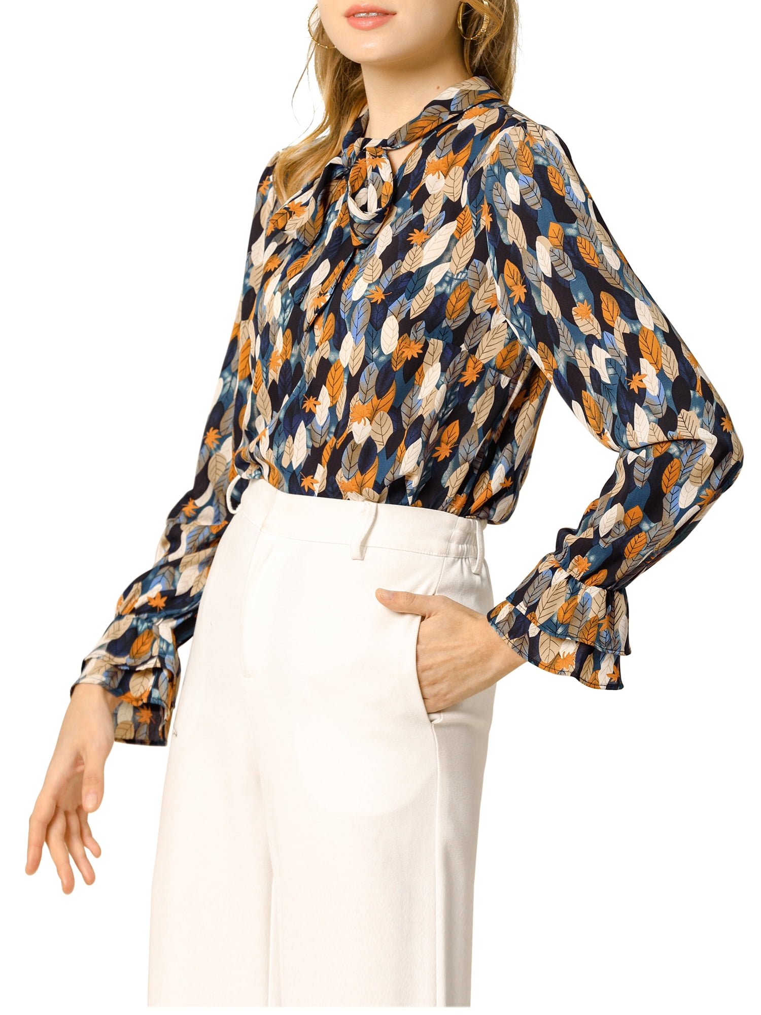 DARING DIVA Women's Tie V Neck Floral Shirt Trumpet Blouse M Blue Orange