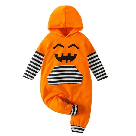 

Gwiyeopda Kids Baby Boys Girls Halloween Romper Stripe Long Sleeves Hood Ghost Face Print Jumpsuit with Pocket